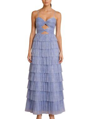 Gianni Bini Grace blue Metallic Plisse Chambray Tiered Maxi Dress NWT Size 4